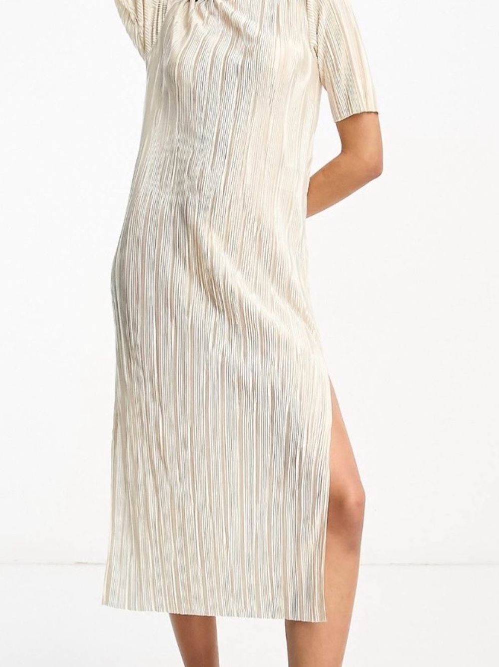 Y.A.S. Plisse Midi Dress with Side Slit in Cream
